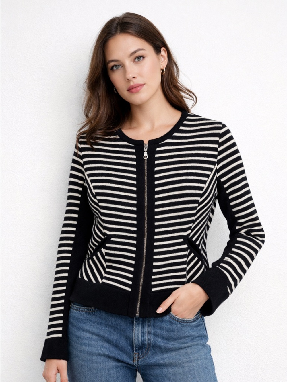 DREW Black & White Striped Zip-Up Sweater